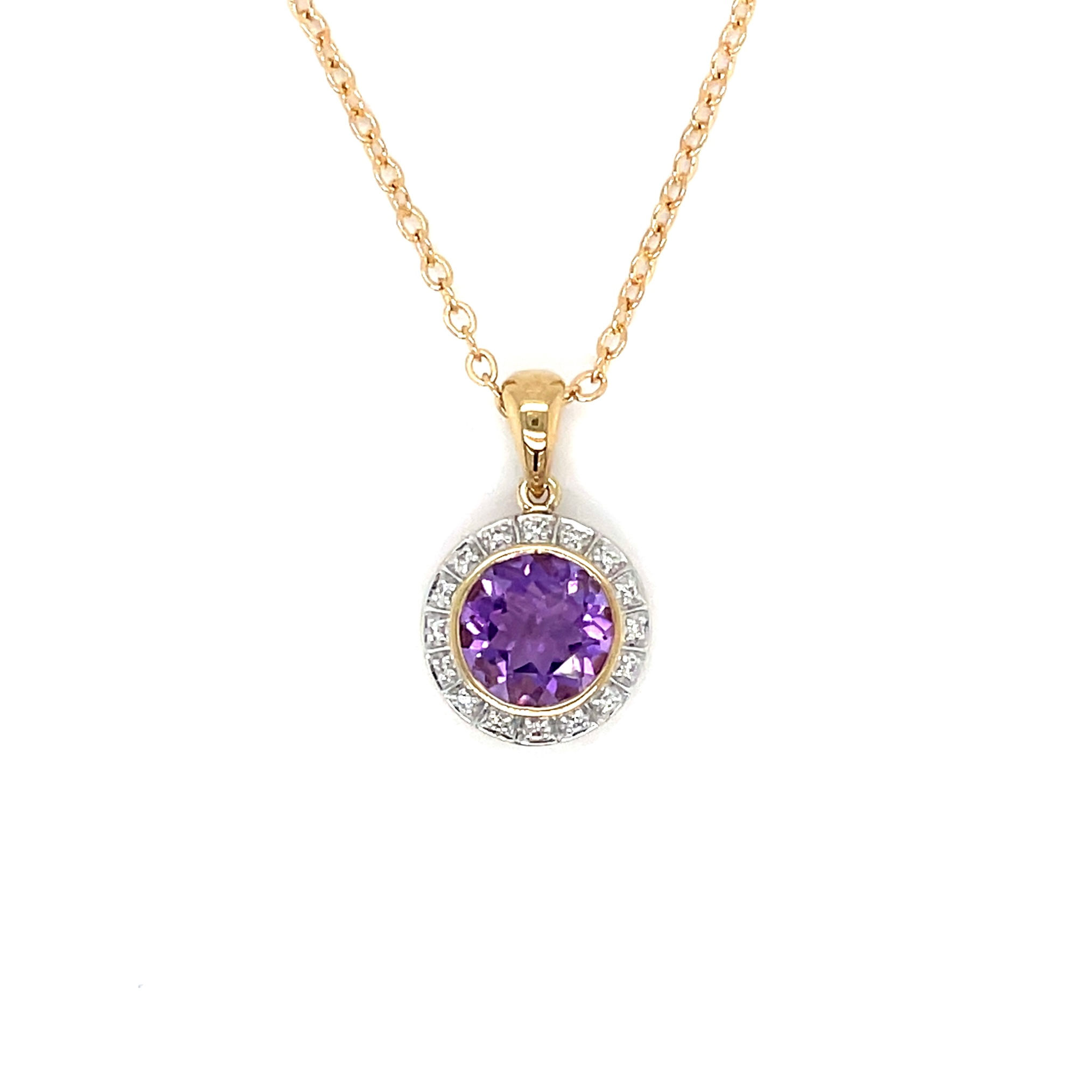 Yellow Gold Diamond & Amethyst Round Pendant 
