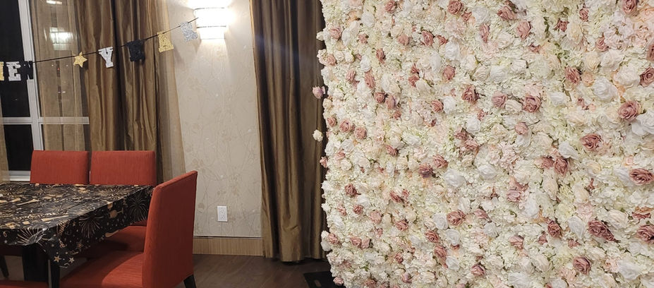Blush champagne floral wall backdrop rental for elegant events.