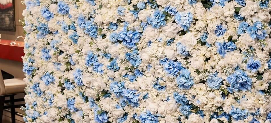 Unique blue and white floral wall, perfect for baby showers, birthdays, and elegant event backdrops.