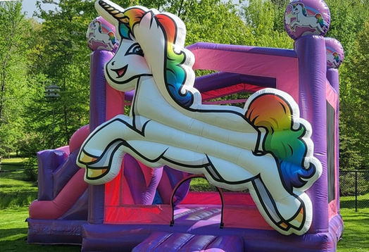 Unicorn wet dry bouncy castle with slide for kids birthday parties.