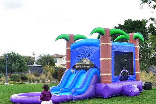 Purple Caribbean bounce house combo water slide rental
