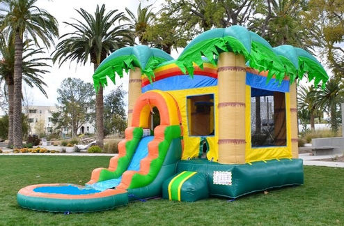 Tropical-themed bouncy castle with slide and pool