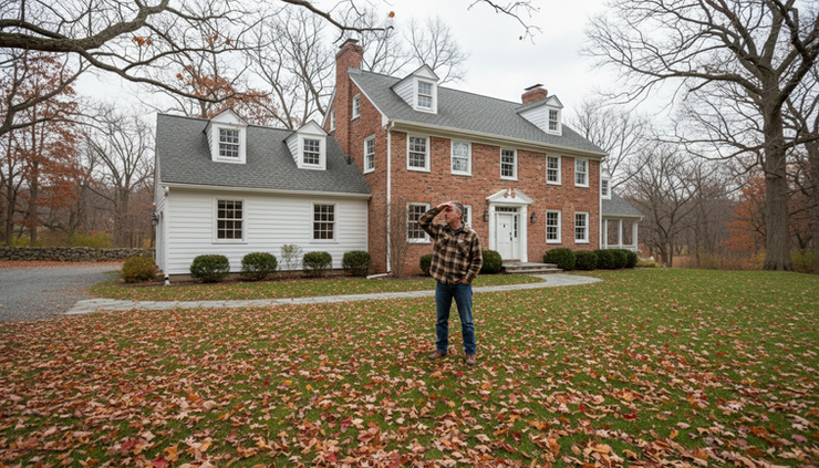 Wide-angle view of a New England home being inspected before winter