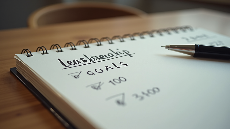 Close-up view of a notebook with leadership goals and a pen on a wooden table