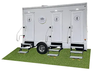 Three-stall luxury restroom trailer with separate entrance doors and exterior steps
