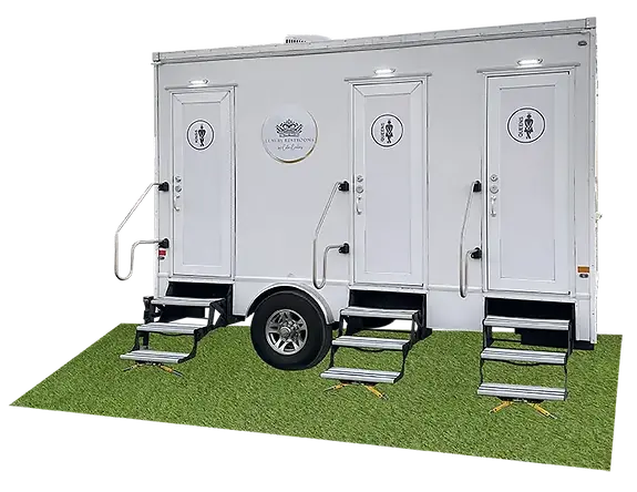 Three-stall restroom trailer with separate entrance doors and steps