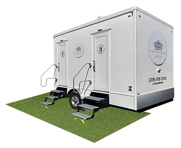 4 Stall Luxury Restroom Trailer Rental Modesto CA Front