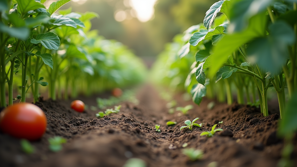 Eye-level view of a diverse vegetable garden with multiple crop types