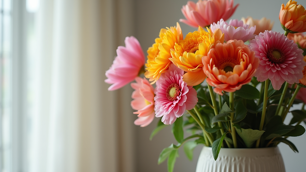 Close-up view of a vibrant floral arrangement in a modern vase