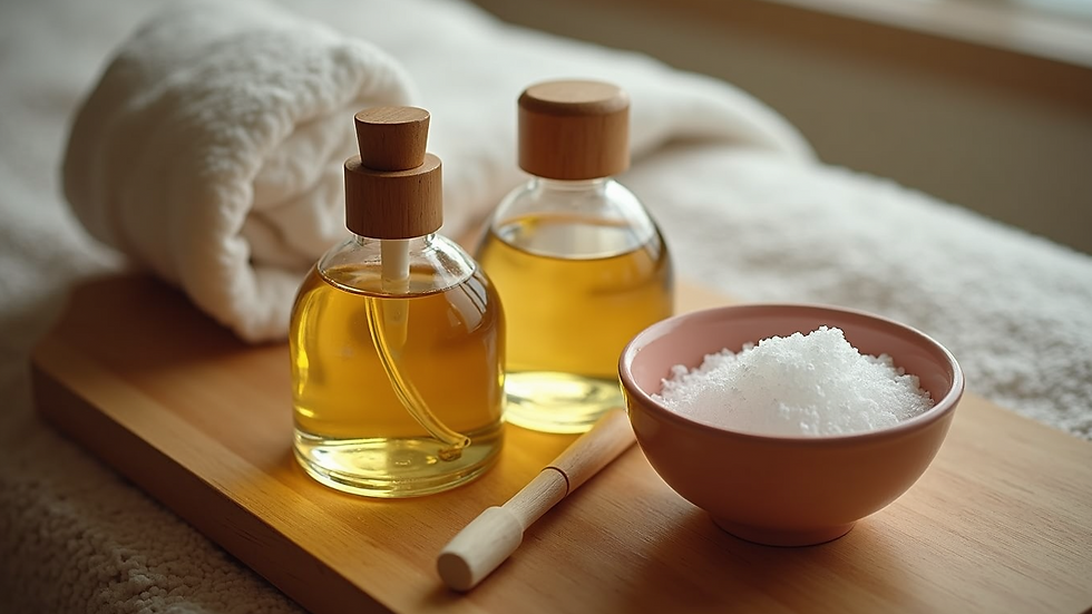 High angle view of massage oils and tools arranged neatly on a wooden table