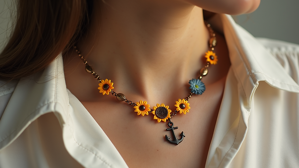 Eye-level view of a handcrafted necklace with sunflower and anchor charms
