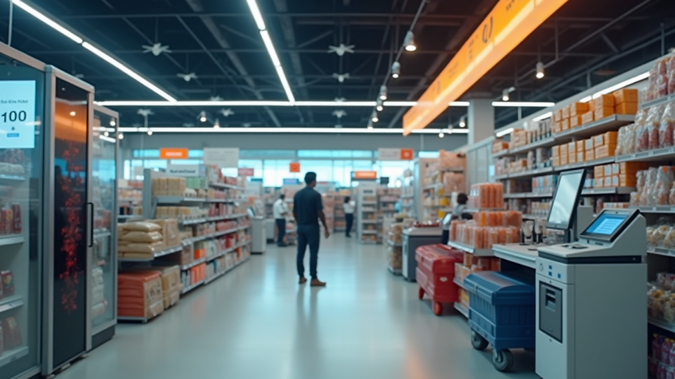 Eye-level view of a modern retail store with digital price tags and automated checkout