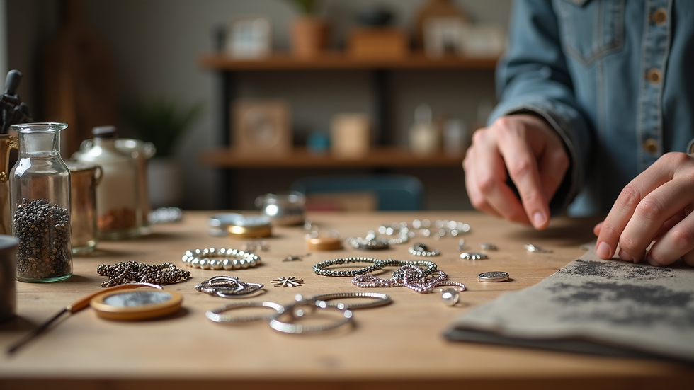 Eye-level view of a wooden table with assorted jewelry making supplies neatly organized