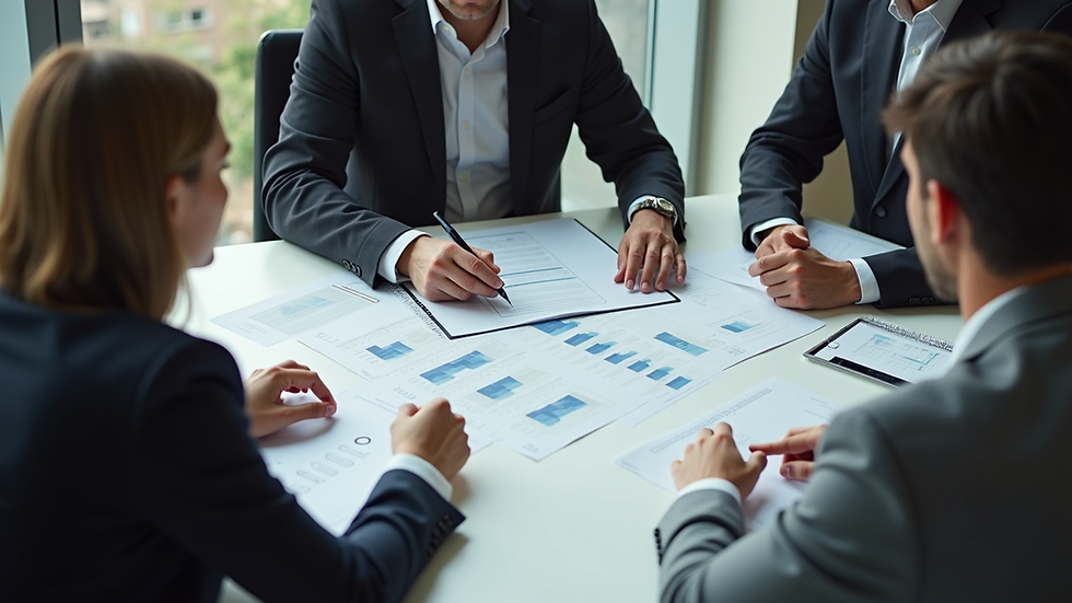 High angle view of a business meeting discussing financial plans