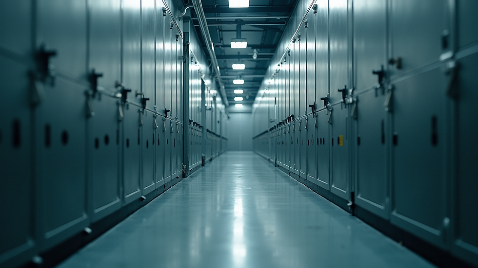 Eye-level view of commercial HVAC ventilation system in a mechanical room