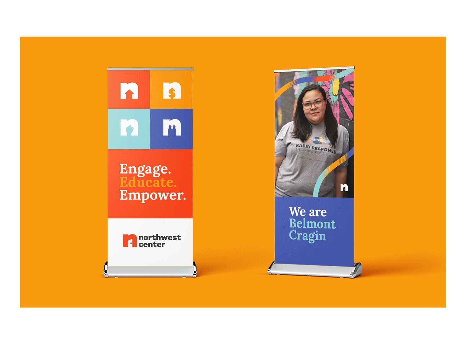 Montage of Northwest Center branded assets, including a t-shirt, signage, and building wall advertisements.