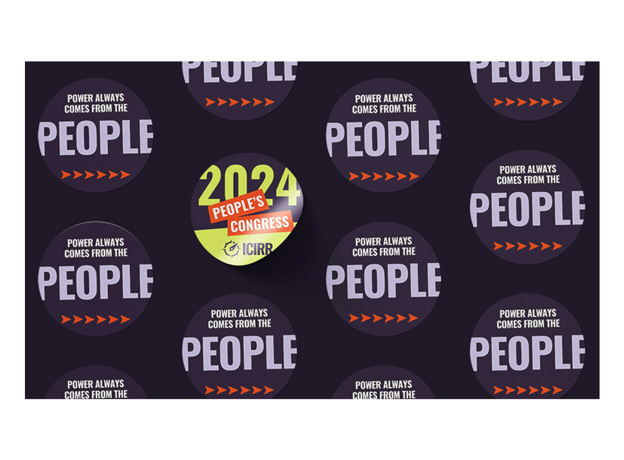 Montage of ICIRR brand assets including brochures, circular shapes, and key female leaders.