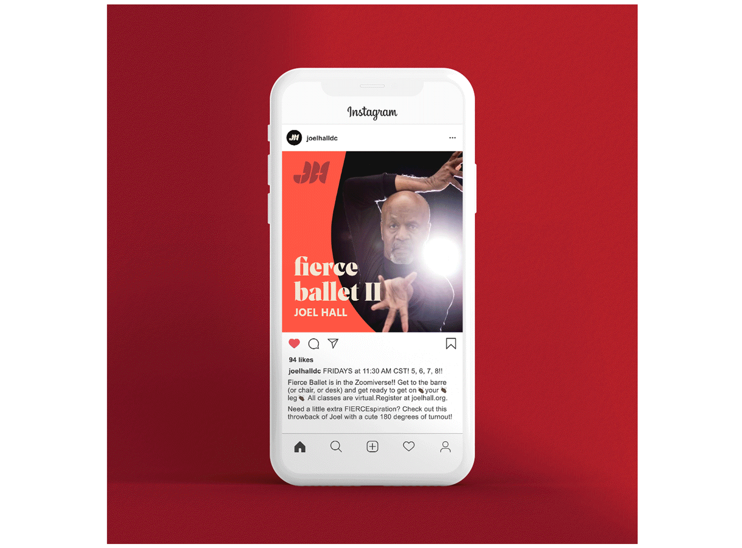 Montage of Joel Hall Dancers & Center branded assets, including a tote bag, tumbler, and Instagram grid and post.