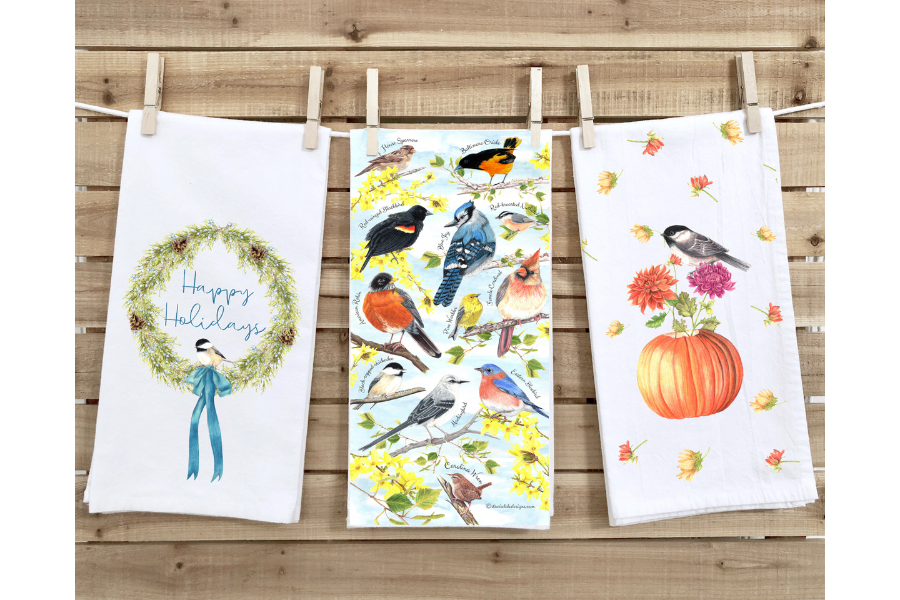 Thumbnail: Bird Tea Towels - Pumpkin Chickadee 100% Cotton twill printed tea towel