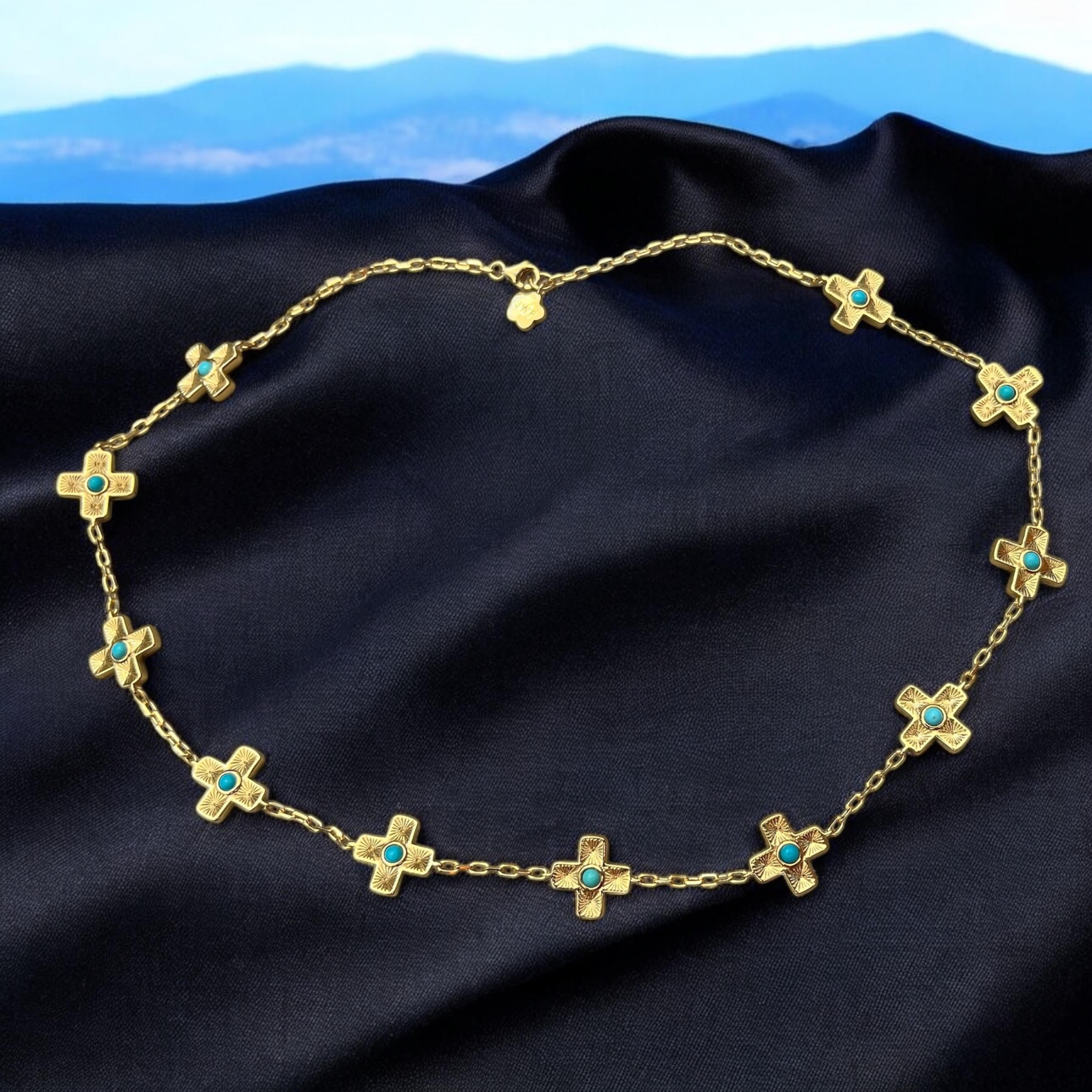 DOUBLE-SIDED MULTI-CROSS NECKLACE WITH GENUINE TURQUOISE