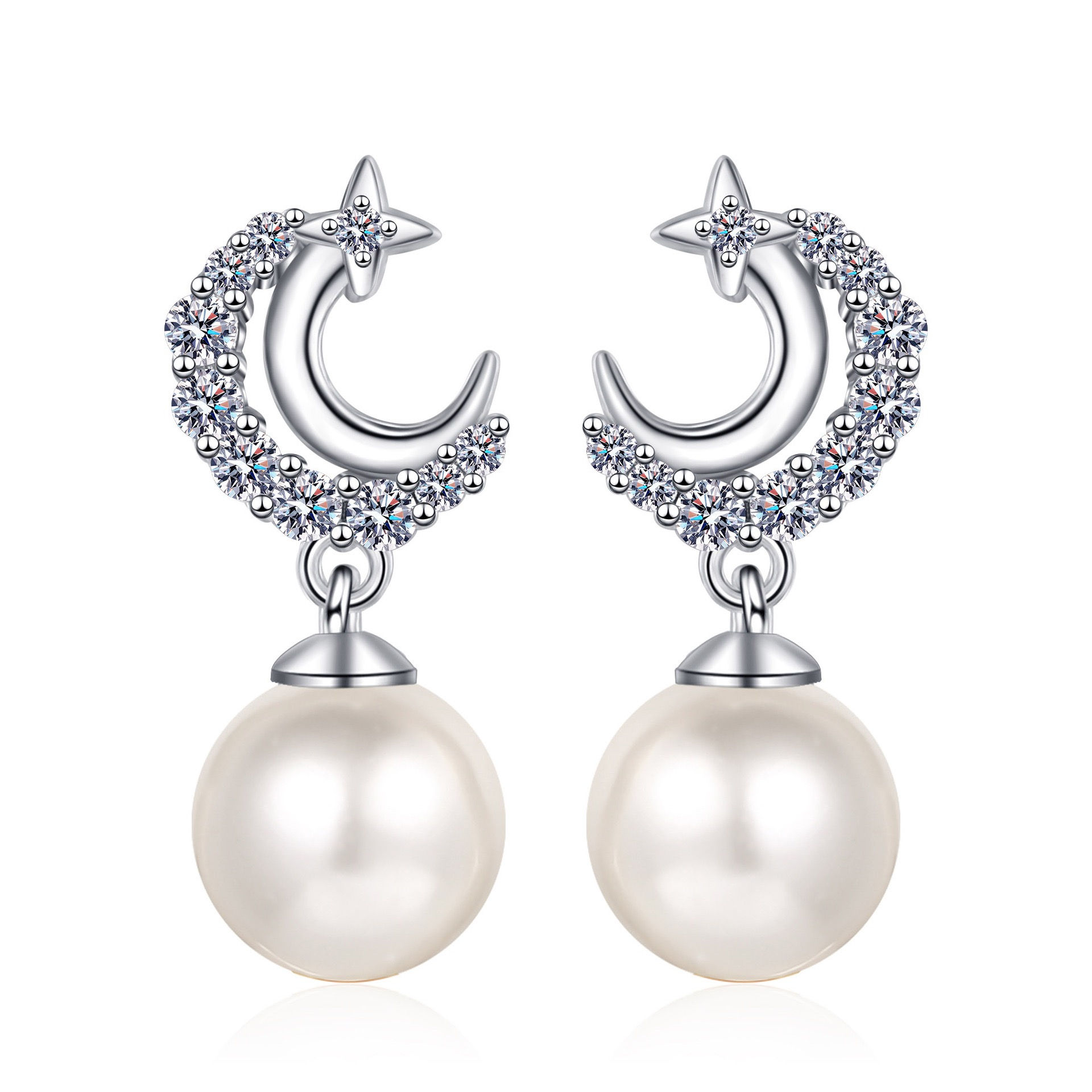ME164 - Moissanite Moon-shaped Fresh Water Pearl Dangle Earrings - 莫桑石月亮形淡水珍珠耳墜