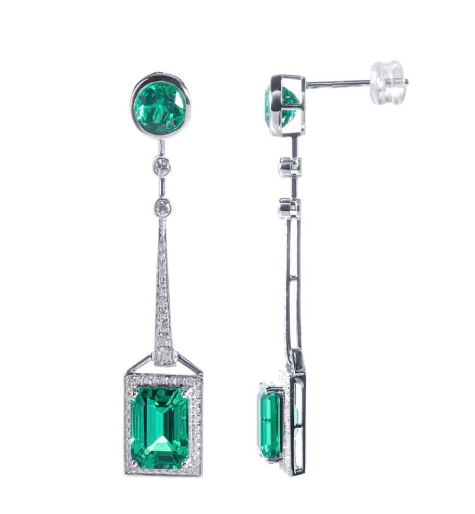 LGEE04-14K white gold lab grown emerald Moissanite earrings-14K白金培育祖母綠莫桑鑽石耳環