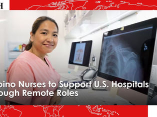 Smiling woman in pink scrubs at a desk with X-ray on computer. Text: "Filipino Nurses to Support U.S. Hospitals Through Remote Roles."