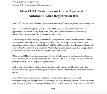 Press Release: AVR Passes 130 to 20 in the House