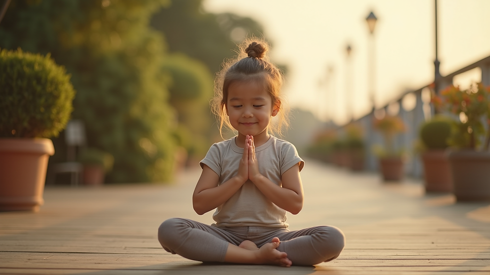 Eye-level view of a child practicing yoga in a serene environment