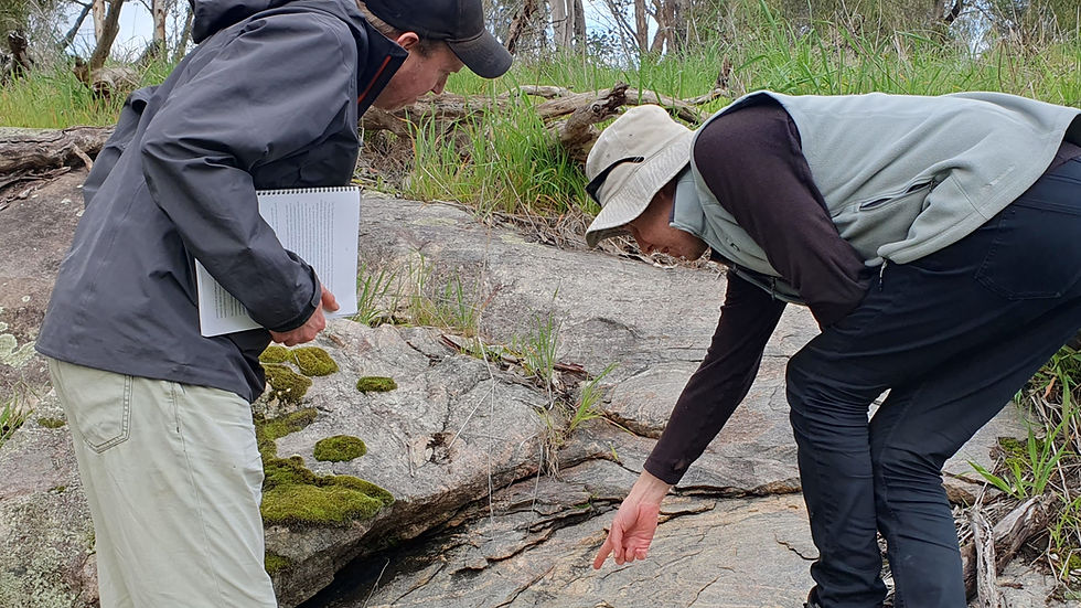 Two male geologists wearing sun hats looking at a rock