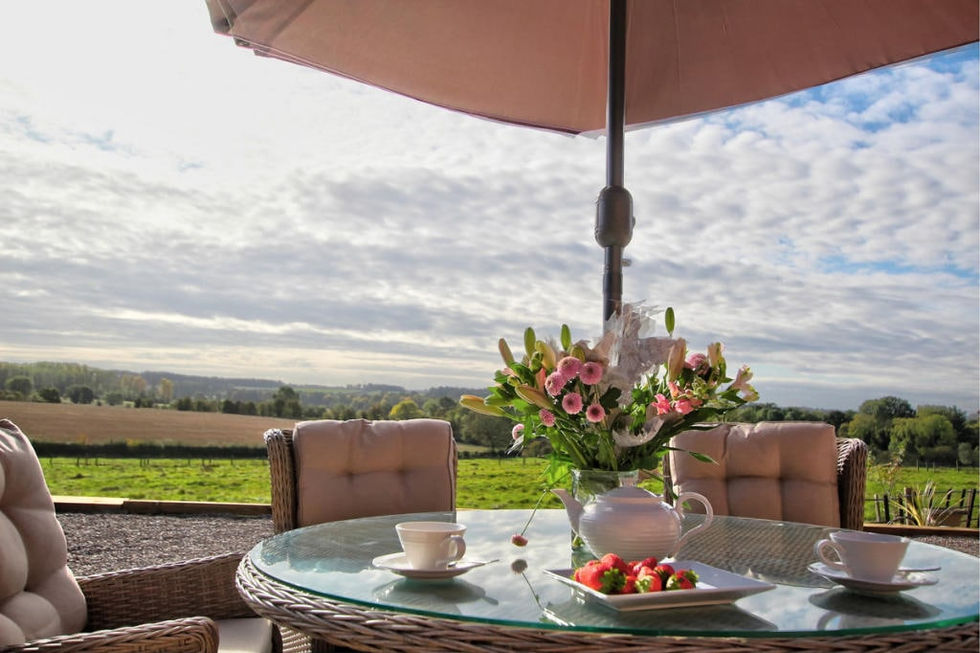a table with flowers and strawberries on it under an umbrella