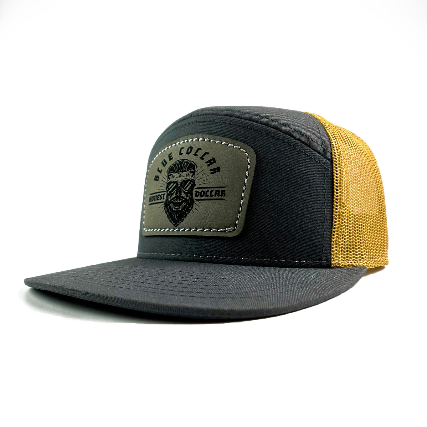 yellow flat-bill hat with leather patch 