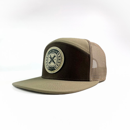 Brown/Tan falt-bill style hat with 