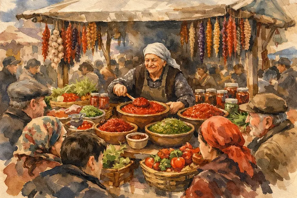 Watercolour of a Georgian market