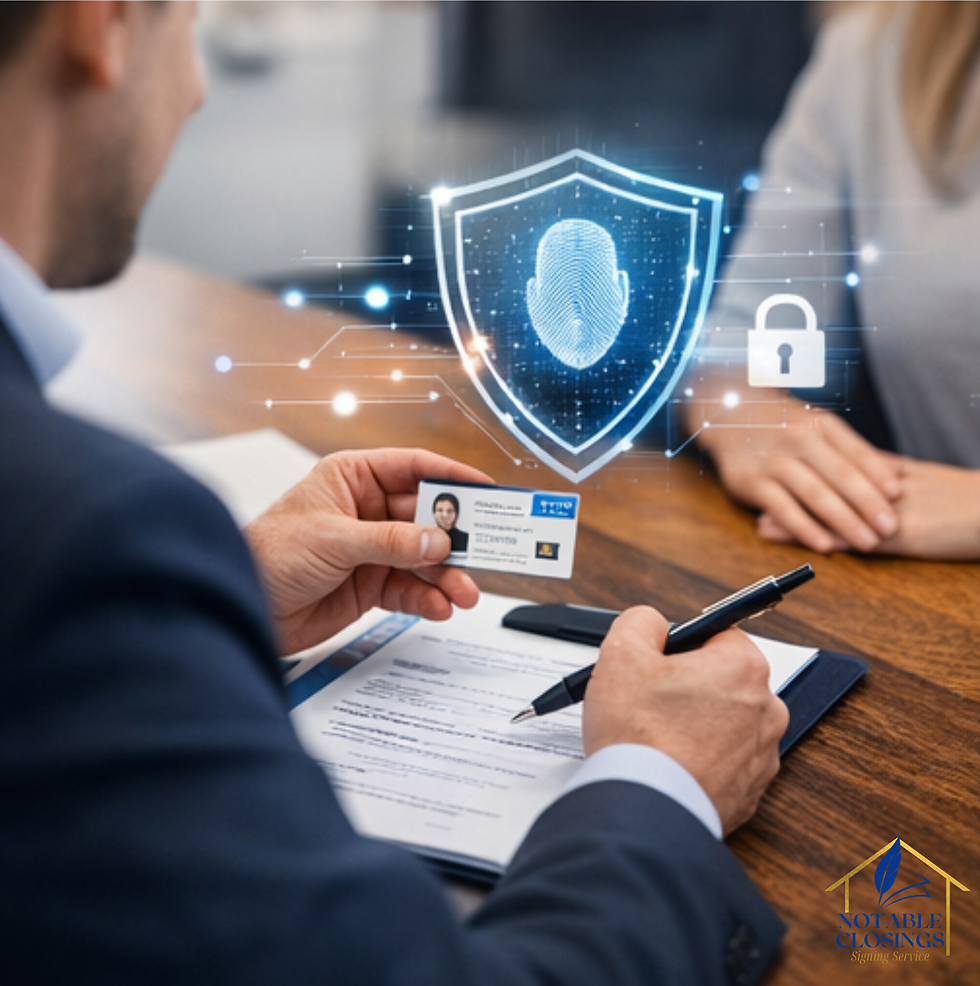 A notary verifying an ID with a digital security overlay