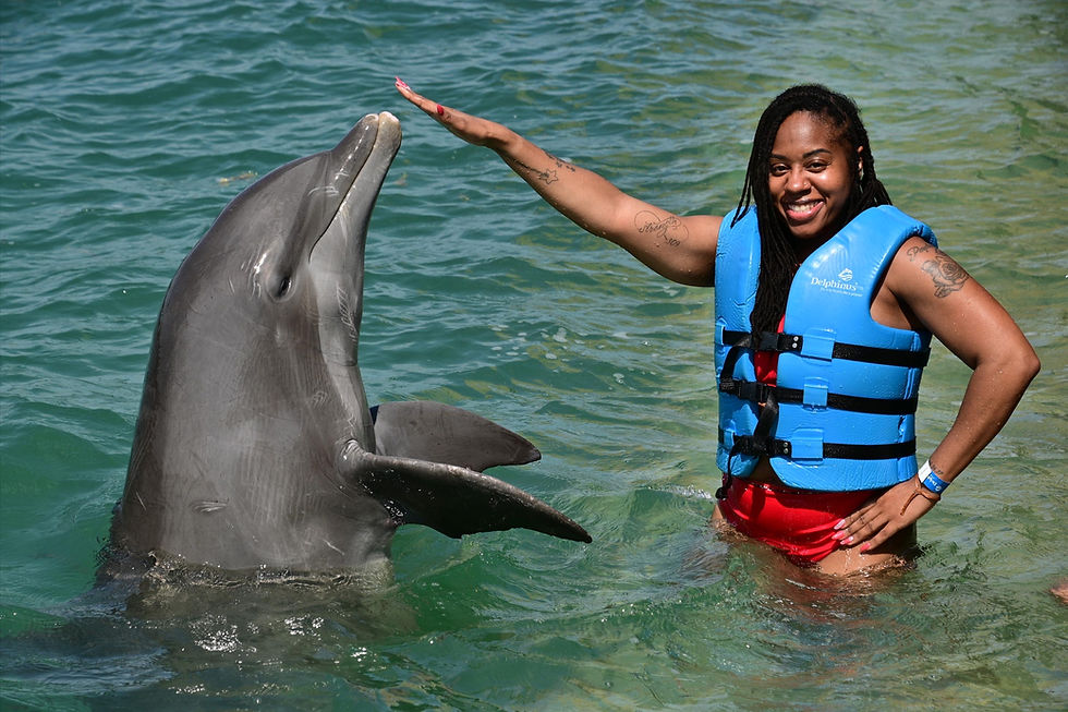 Smiling woman in blue life vest touches a dolphin's nose