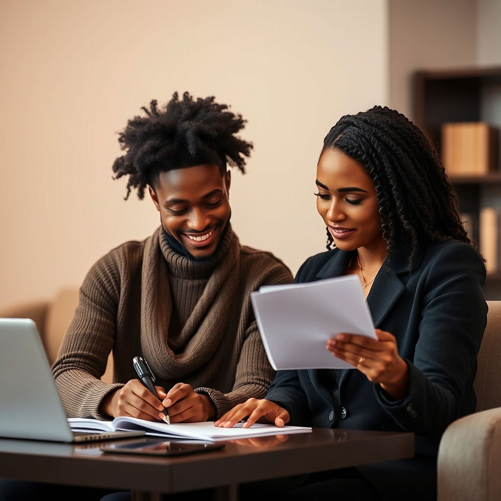 A collaborative meeting between two colleagues as they review documents and take notes, reflecting a productive and engaging workspace with a laptop in use.
