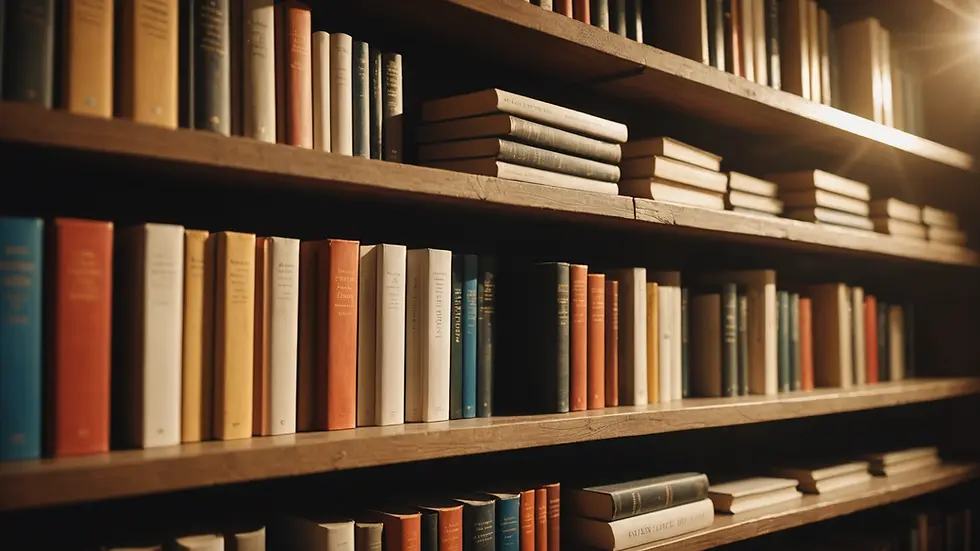 Close-up view of books stacked on a shelf with sunlight filtering in