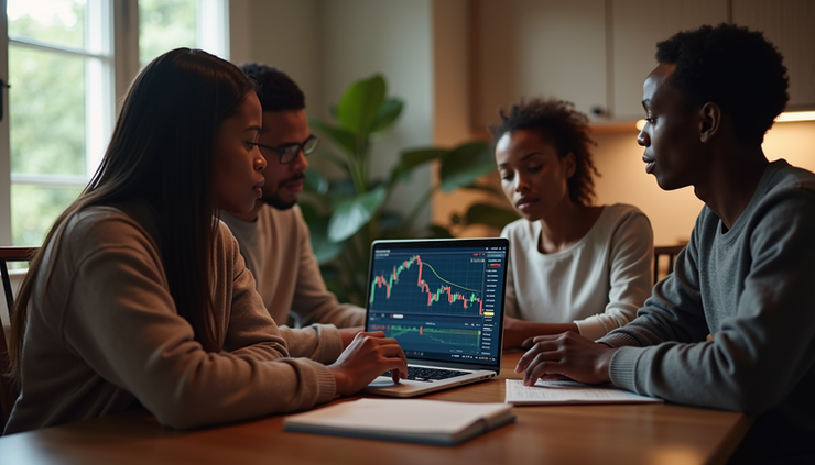 Eye-level view of a Black family gathered around a laptop reviewing stock market charts