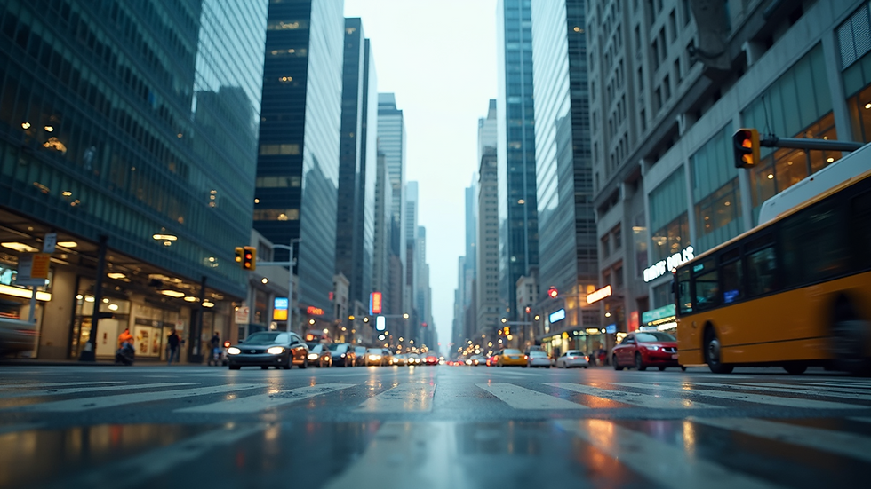 Eye-level view of a bustling cityscape with modern technology and infrastructure