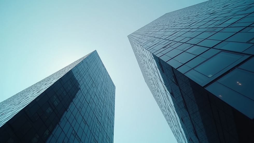 Eye-level view of a modern office building representing financial success