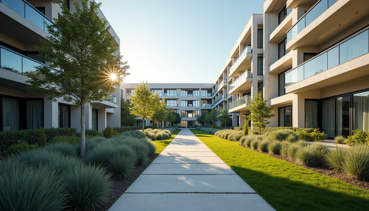 Eye-level view of a modern apartment complex with landscaped surroundings