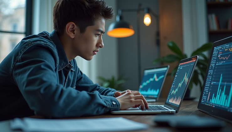 Eye-level view of a young person reviewing investment charts on a laptop