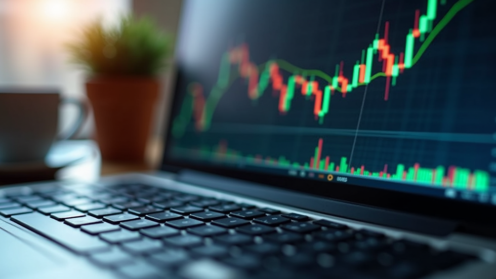 Close-up view of a laptop screen showing stock market charts and data