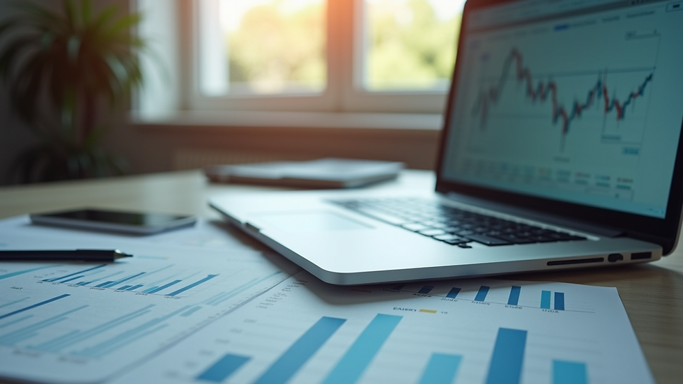 Eye-level view of a desk with a laptop and financial charts