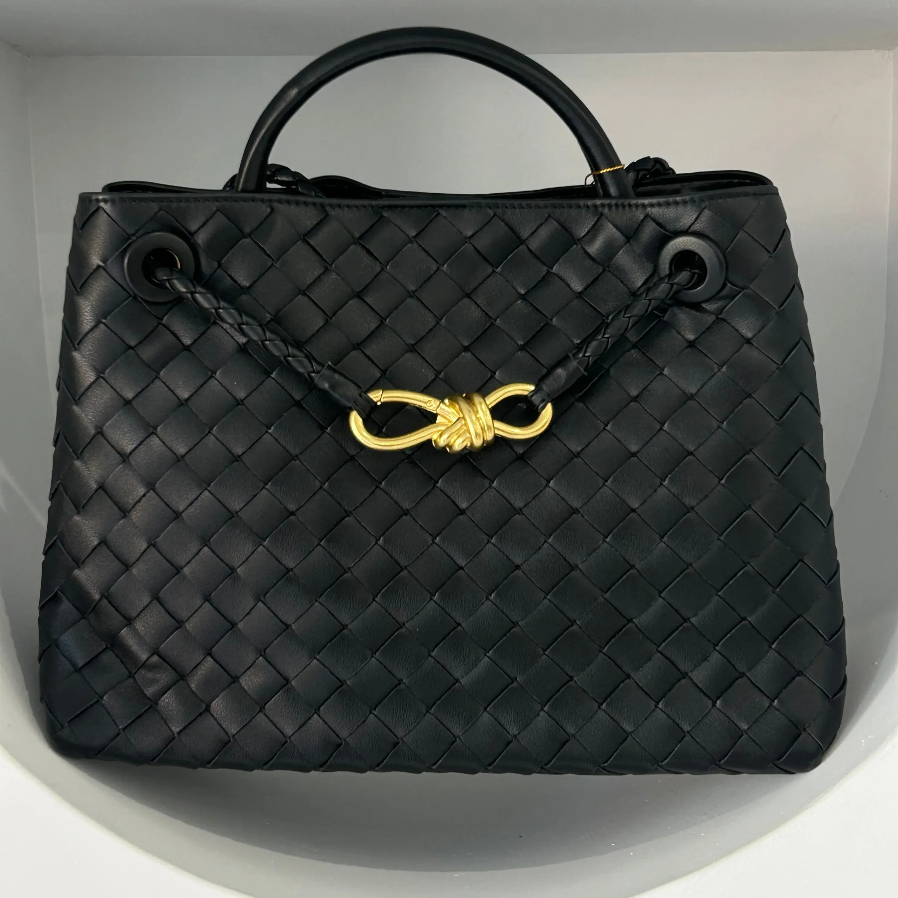 Woven Leather Bag (Small) - Black Leather