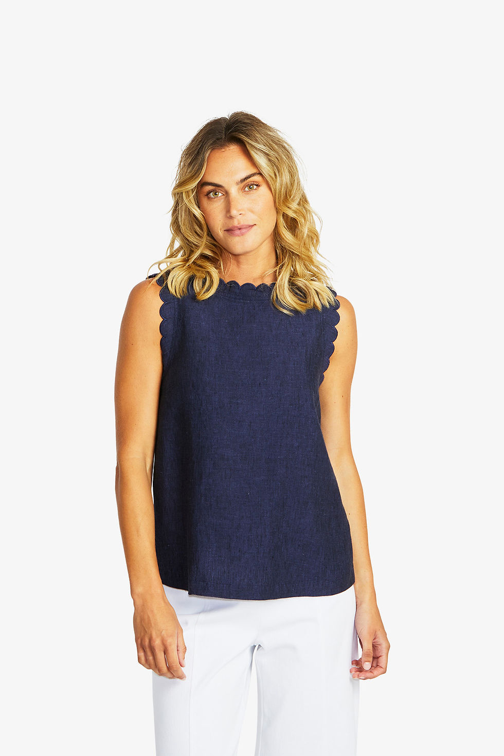Lucy Linen Scallop Top - Navy