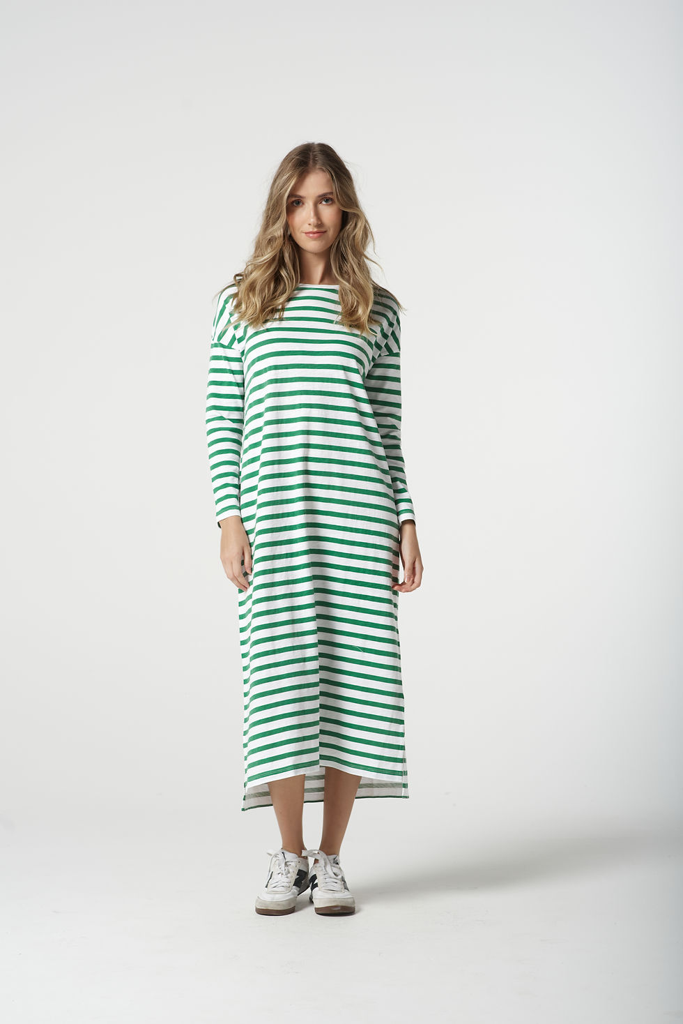 Stripe Slub Long Sleeve Dress - White/Jolly Green