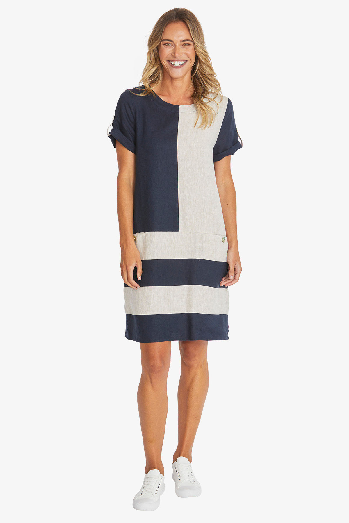 Colour Block Linen Dress - French Navy/Raffia