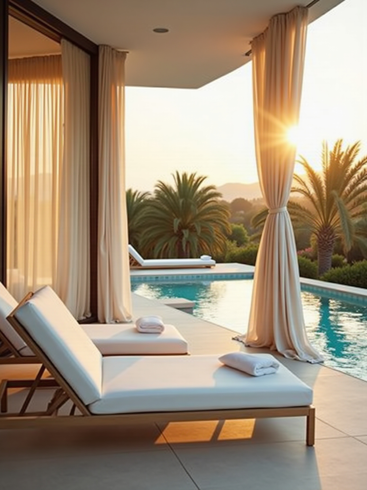 Una piscina de una villa puesta de sol